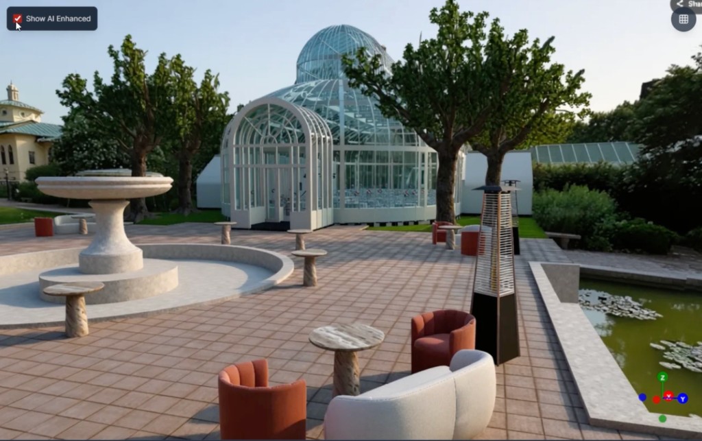 Exterior seating area with greenhouse, fountain, patio furniture and landscaping