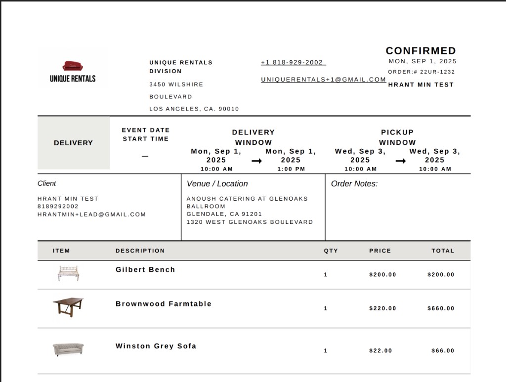 Professional event rental quote and contract document