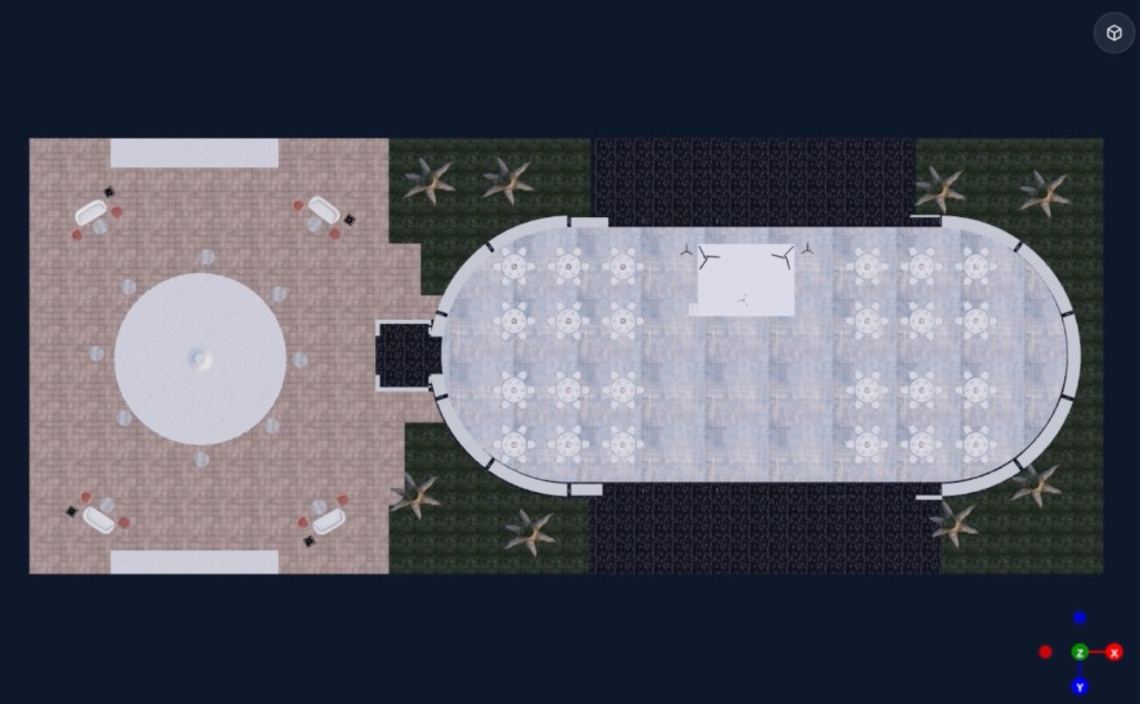 Top-down 3D view of event layout with patio, oval tent, tables and stage