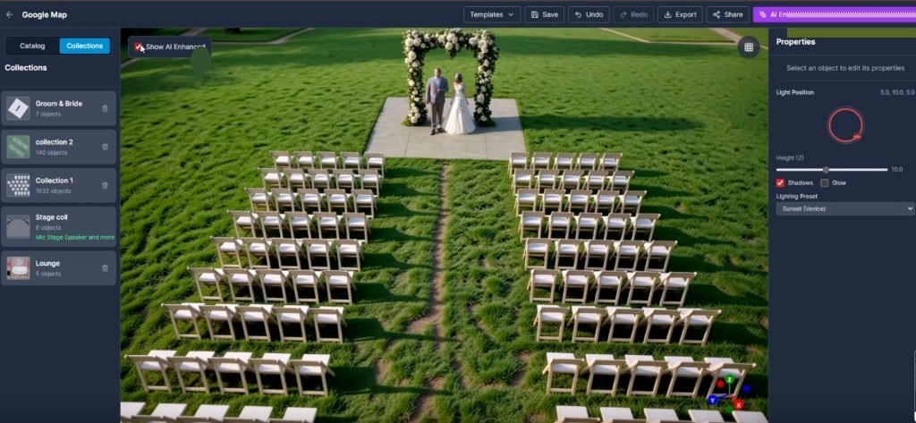 AI-enhanced 3D ceremony layout on a real venue site
