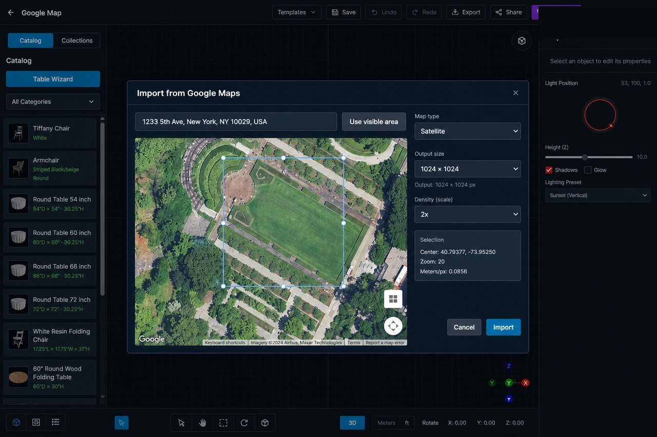 Import from Google Maps modal selecting a satellite venue area for a true-to-scale floor plan