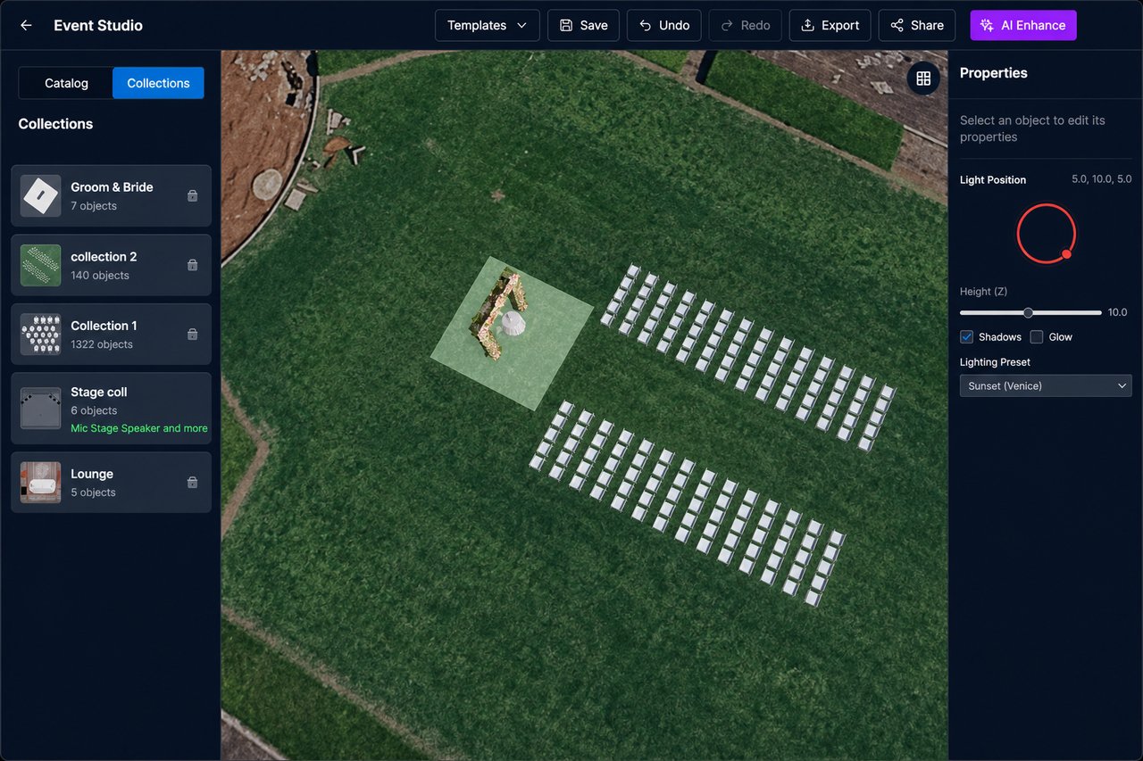 Ceremony seating layout placed on a Google Maps satellite ground plane in Event Design App