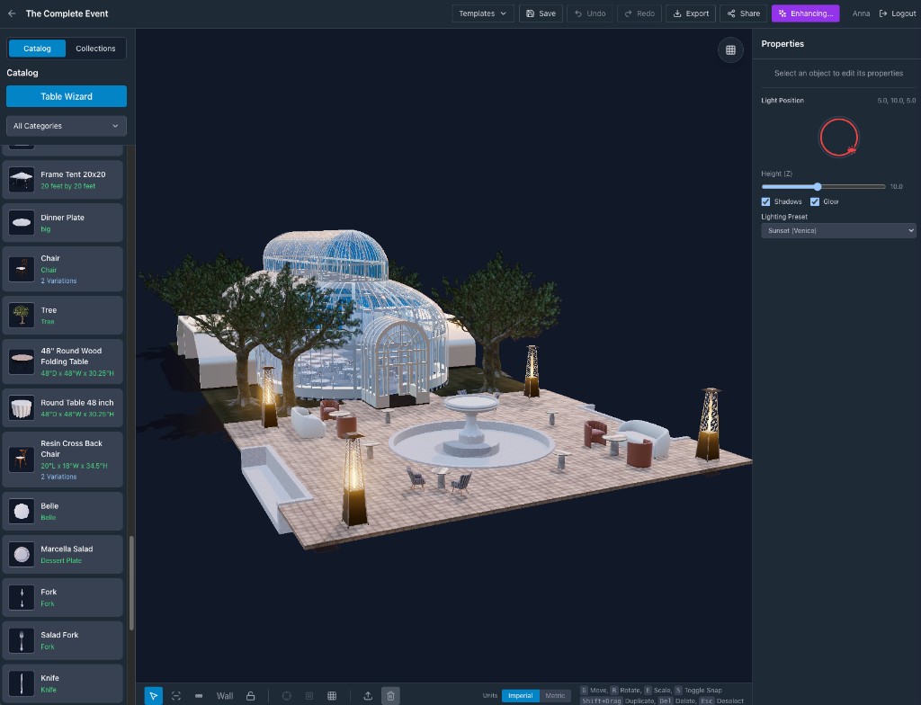 Event Design App - The Complete Event: 3D outdoor event visualization with glass dome, patio furniture, fountain, and catalog sidebar