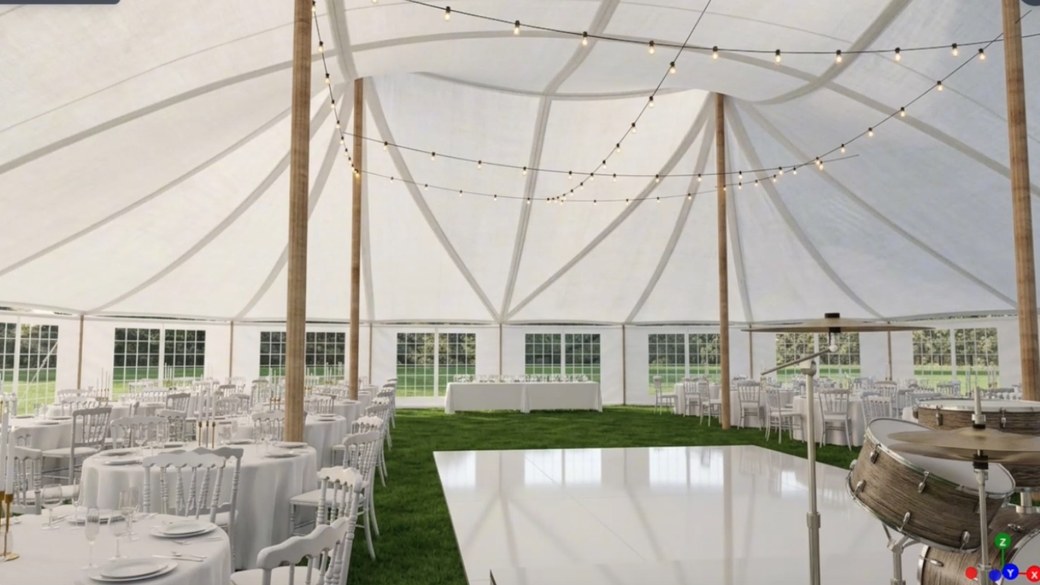 Tent interior with tables and a dance floor designed in Event Design App